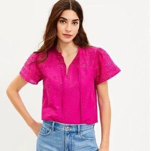 LOFT Magenta Pink Short Sleeve Eyelet Top, Women’s Size XS, extra small, Blouse